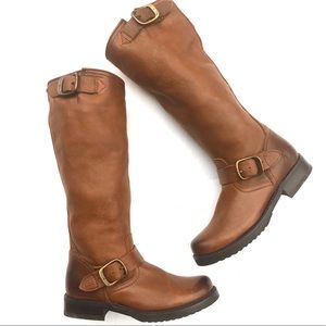 Frye Cognac Brown Leather Tall Combat Moto Boots